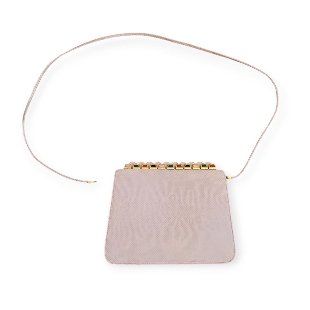 Vintage Judith Leiber Pink Snake Skin Jewel Frame Clutch Crossbody